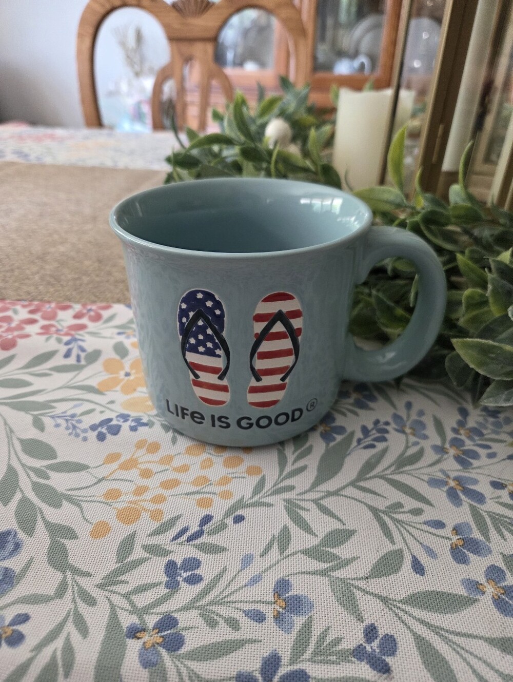 Life Is Good Light Blue Ceramic Mug with Red, White and Blue Flip-Flops - Picture 1 of 4